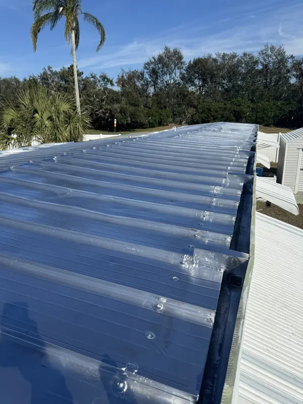 Painted metal roof on a mobile home with palm trees