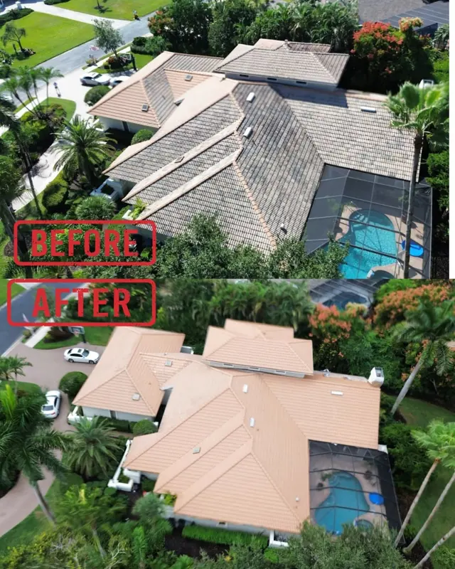 Before and after aerial comparison of a tile roof painted terracotta