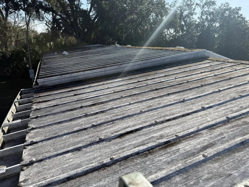 Weathered metal roof before painting on a wooded lot